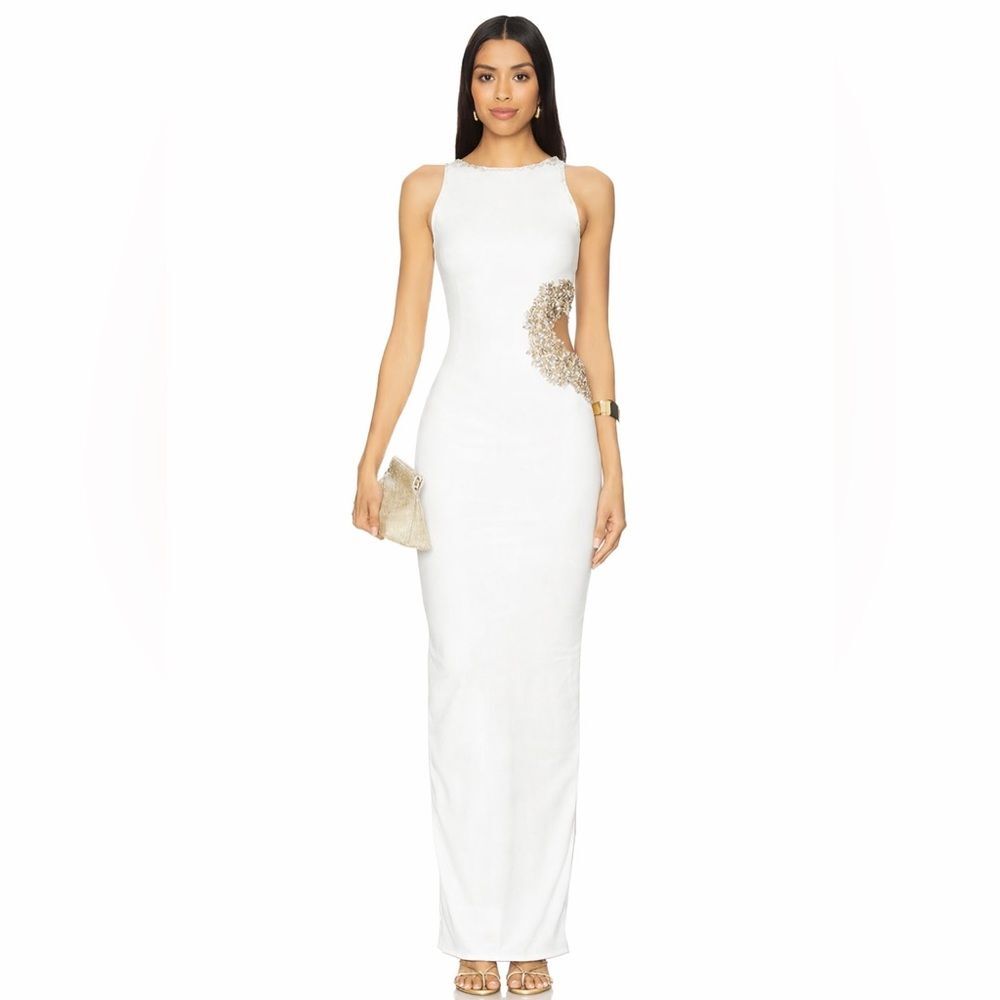 NEW BRONX AND BANCO Camila White Rhinestone Cutout Maxi Dress,  Evening Gown, M